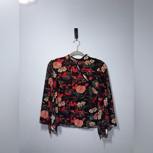 Rave Moda Vintage Y2K oriental Floral Blossom Flare Sleeve Cropped Top XL